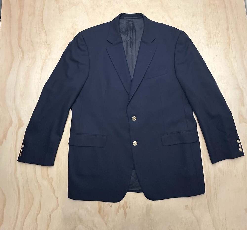 Burberry Vintage Navy Blue Wool Gold Crest Button Sport Coat Blazer
